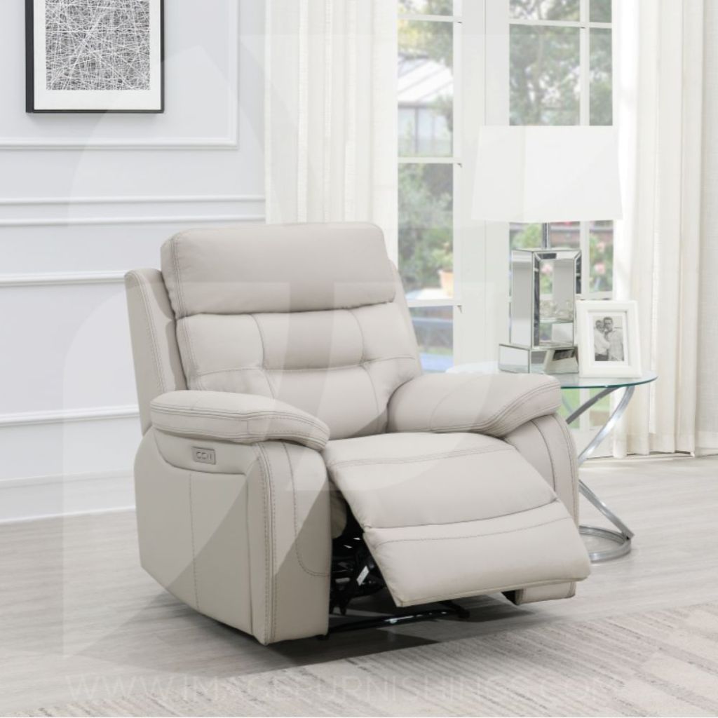 Light grey 1 seater electric recline sofa wit beautiful stitching detail.