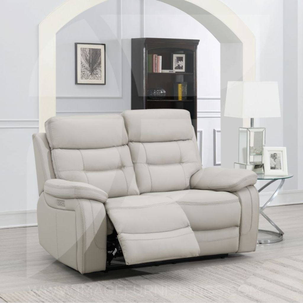 Light grey Egan 2 seater recline sofa with plush seats and high backrests.