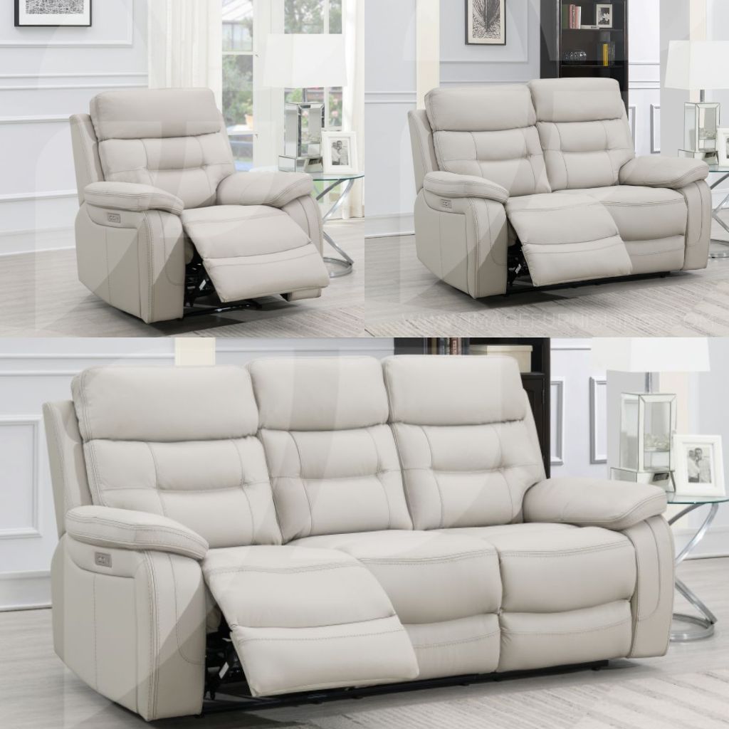 The full Egan electric recline sofa range on offer including the 1 seater, 2 seater and 3 seater in a stunning light grey leather.