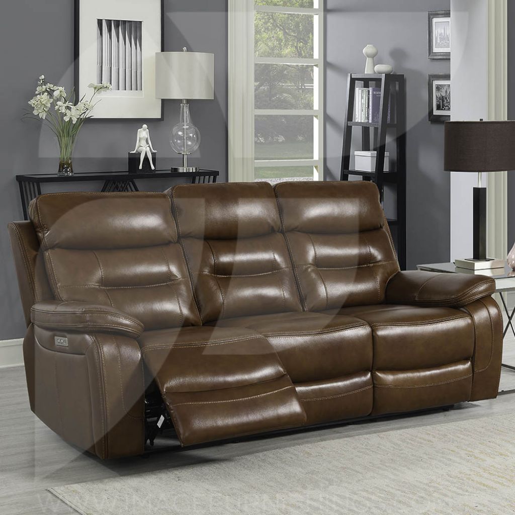 A large comfortable tan 3 seater electric reclining sofa with beautiful stitching and plush seats.