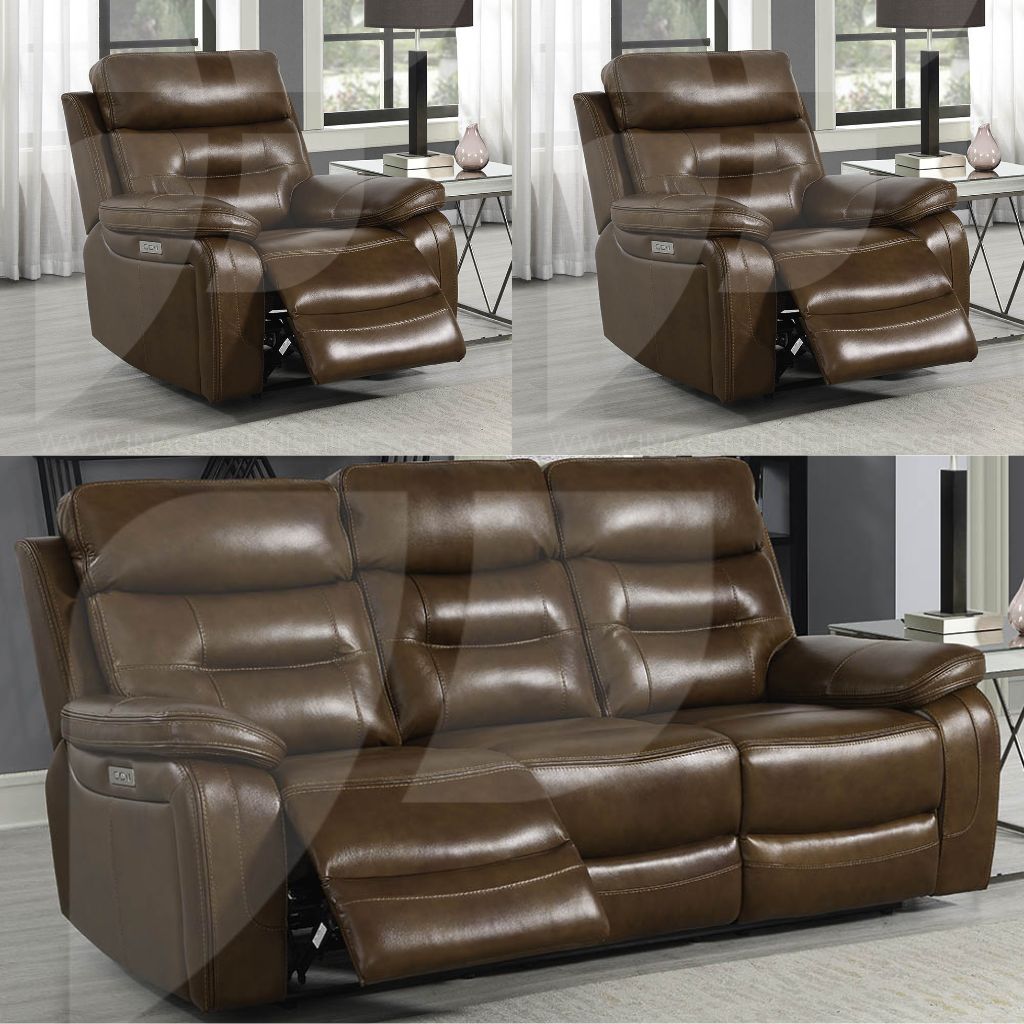 A set containing two 1 seater recliners as well as thew 3 seater with beautiful tan leather and handy electric recline.