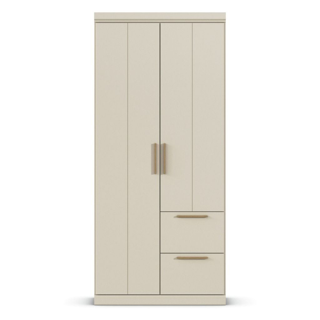 Beige wardrobe with two doors and two drawers on a white background