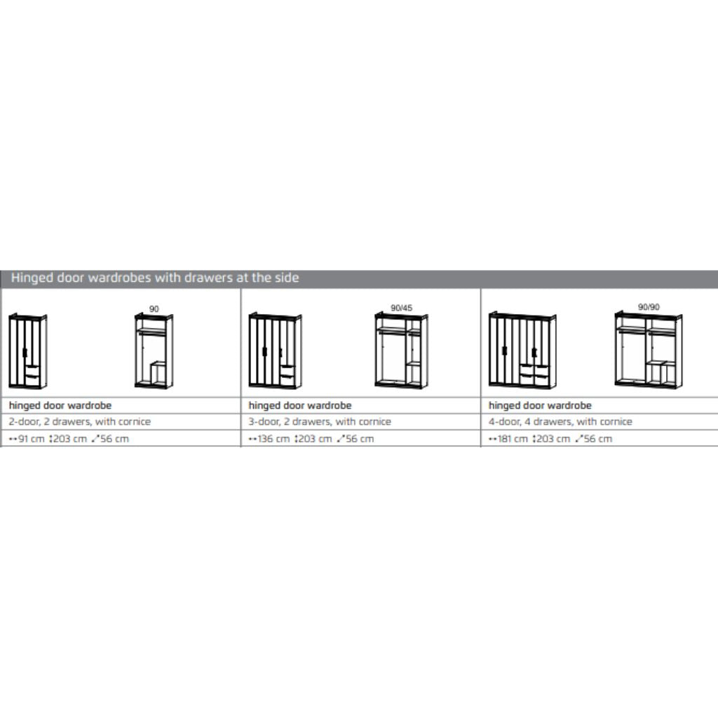 Diagram of hinged door wardrobes with drawers at the side on a white background.