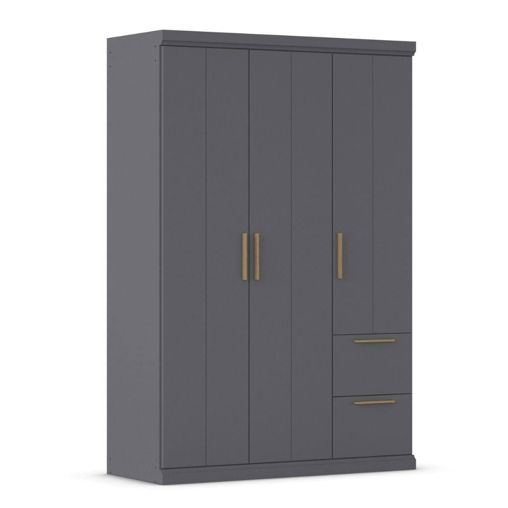 Gray wardrobe with oak handles on a white background