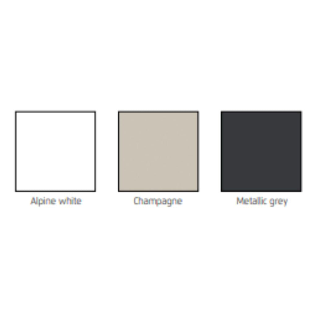 Three color swatches labeled 'Alpine white', 'Champagne', and 'Metallic grey' on a white background.