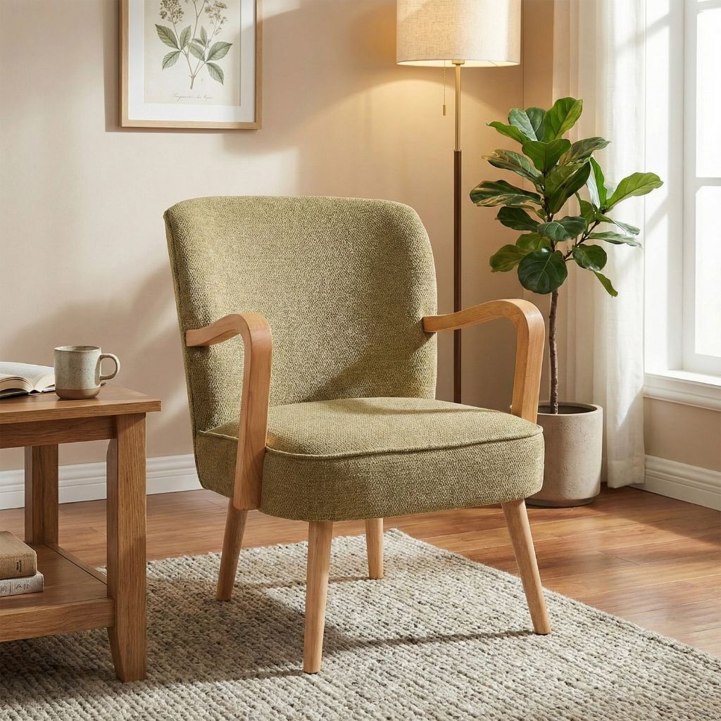 Green armchair in a room with a side table, lamp, and plant.