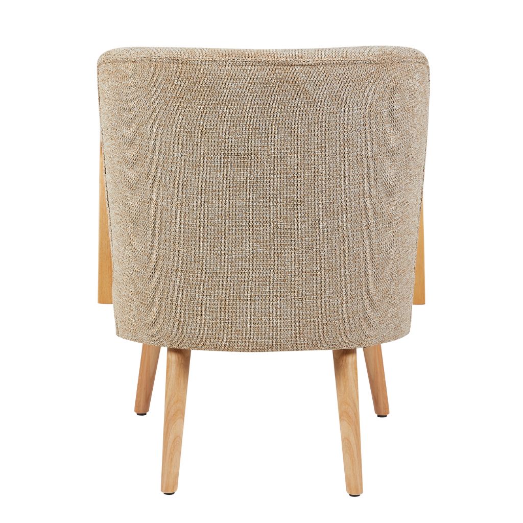 Beige upholstered chair with wooden legs on a white background