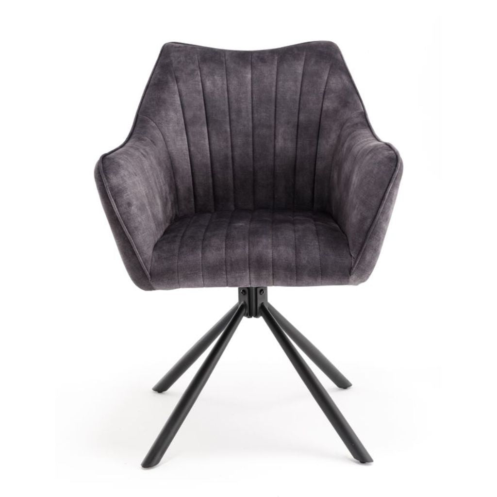 Grey armchair with a black metal base on a white background
