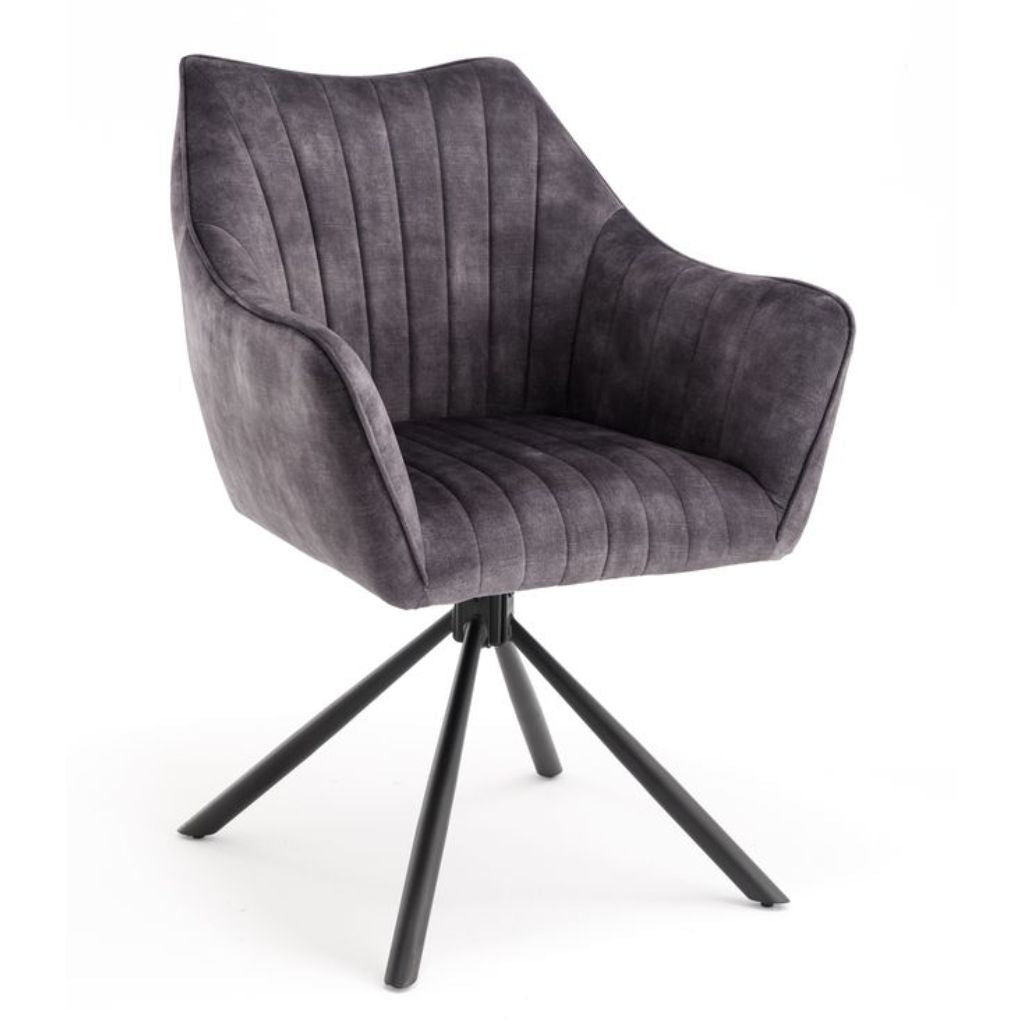 Grey upholstered chair with black metal legs on a white background