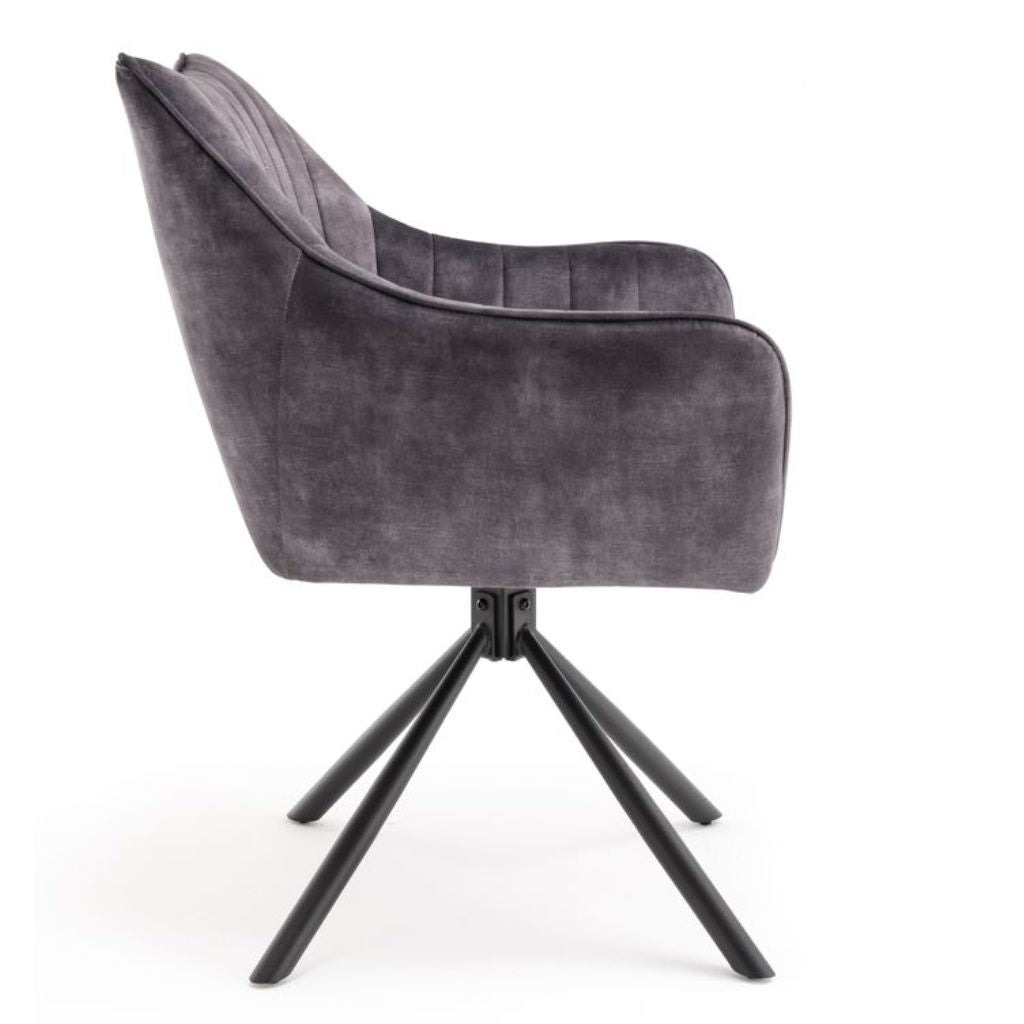 Grey armchair with black metal legs on a white background