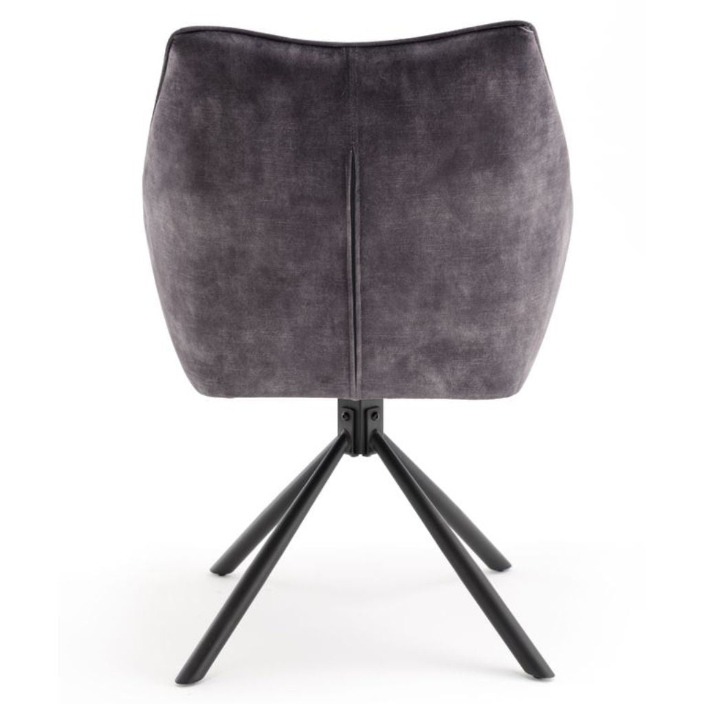 Grey cushioned stool with black metal legs on a white background