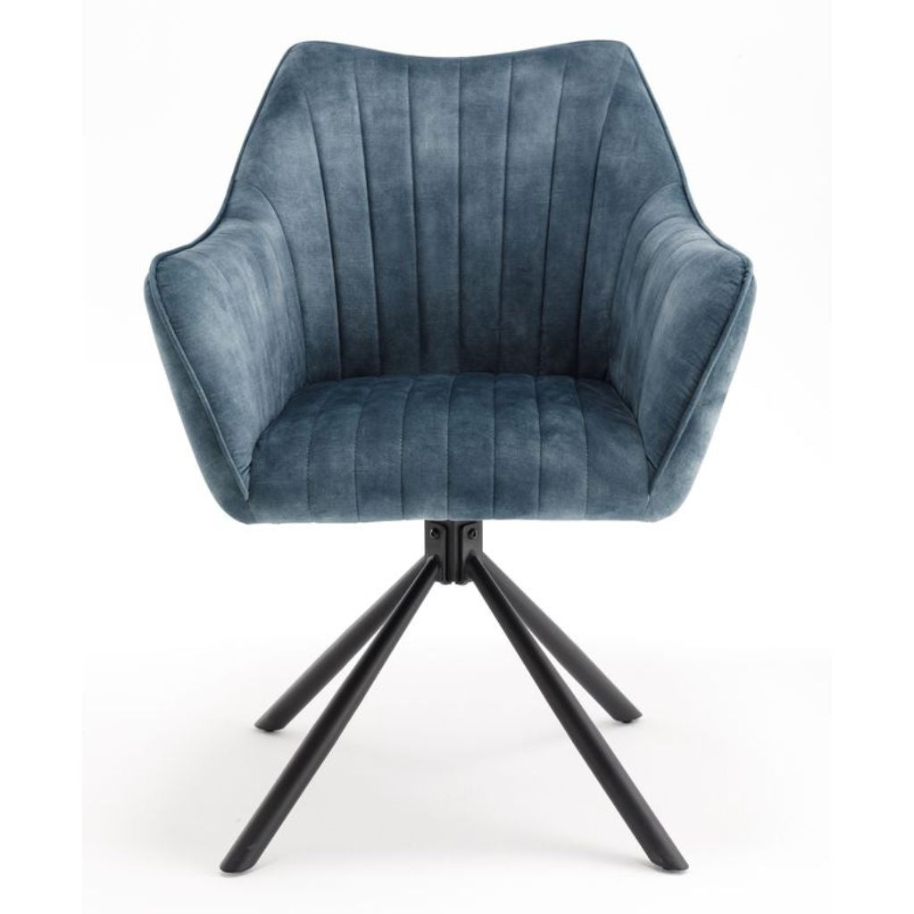 Blue armchair with a black metal base on a white background