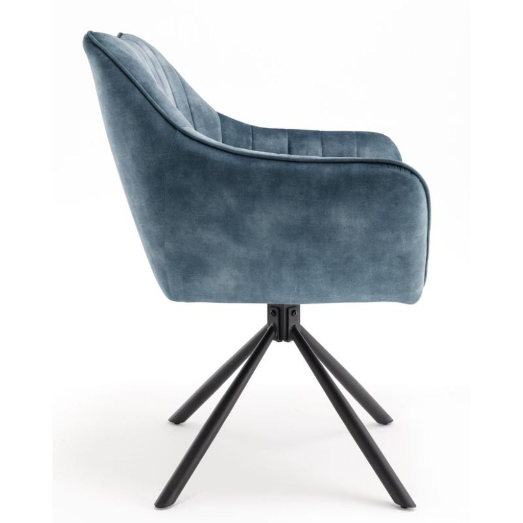 Blue armchair with black metal legs on a white background