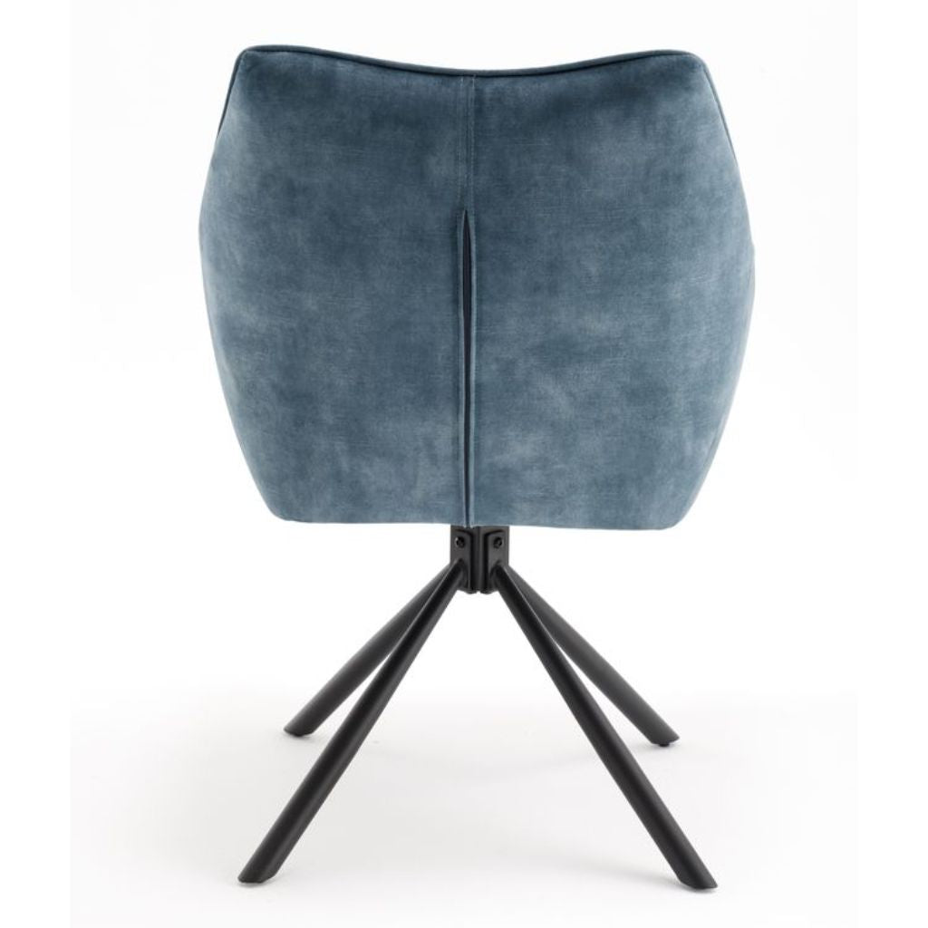 Blue cushioned stool with black metal legs on a white background