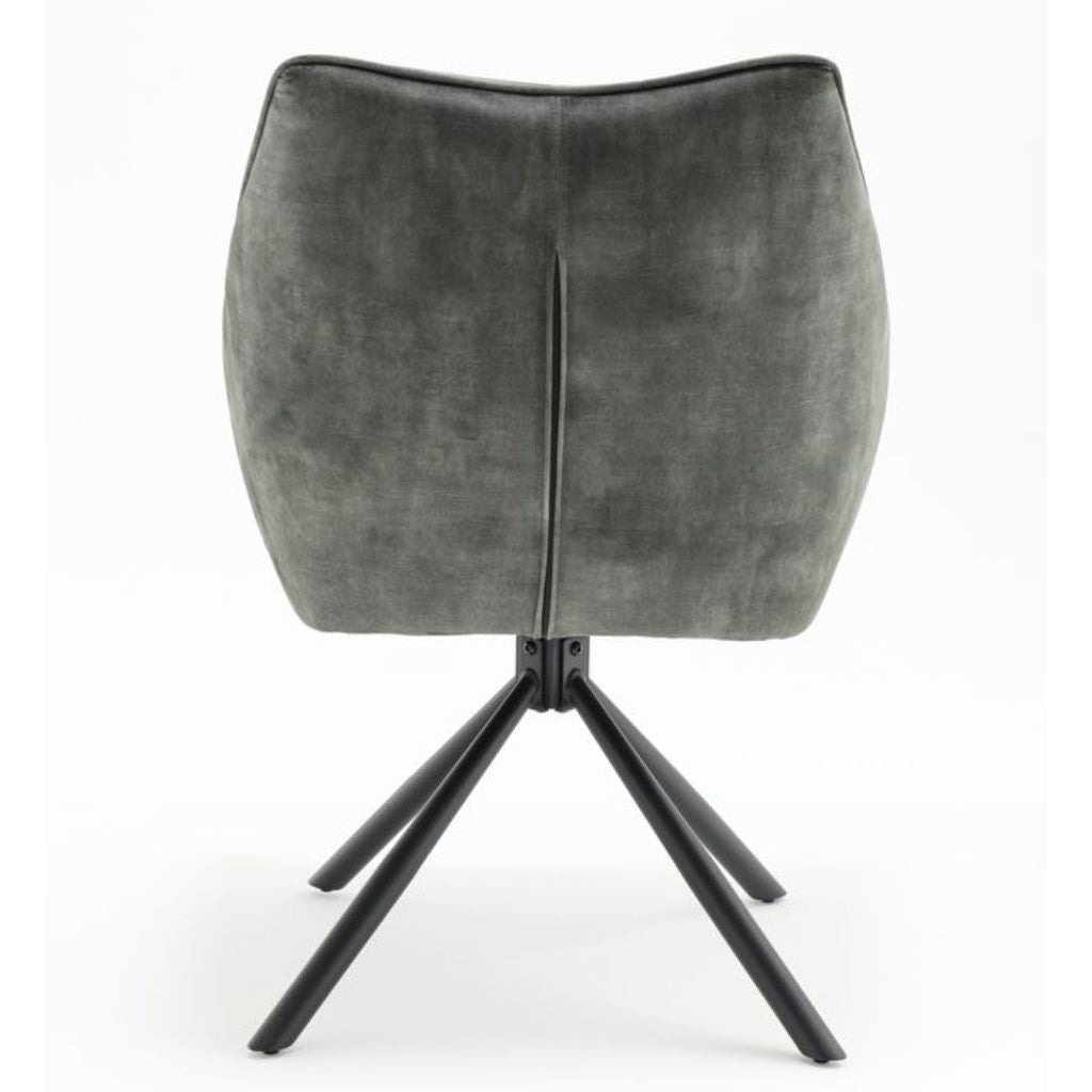 Green cushioned stool with black metal legs on a white background