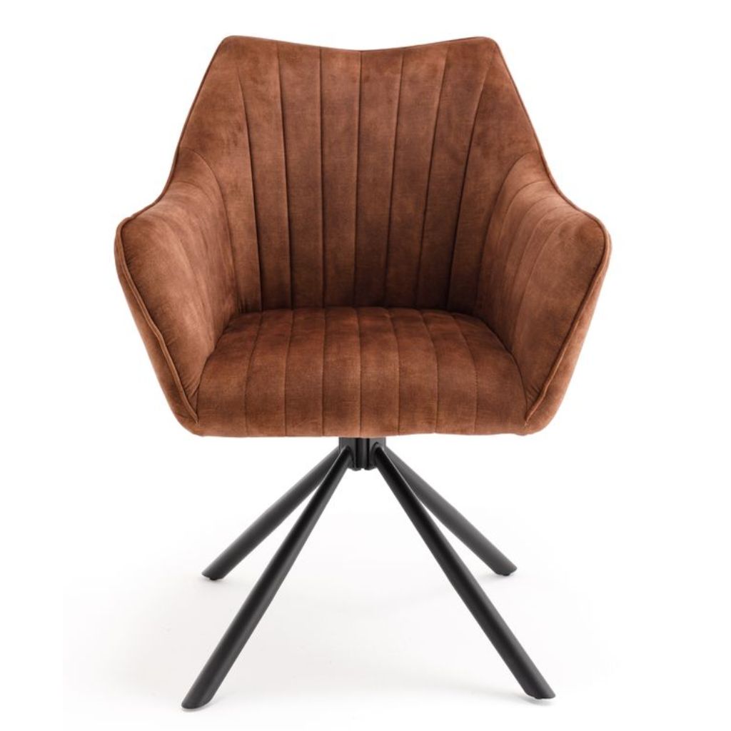 Rust upholstered chair with black metal legs on a white background