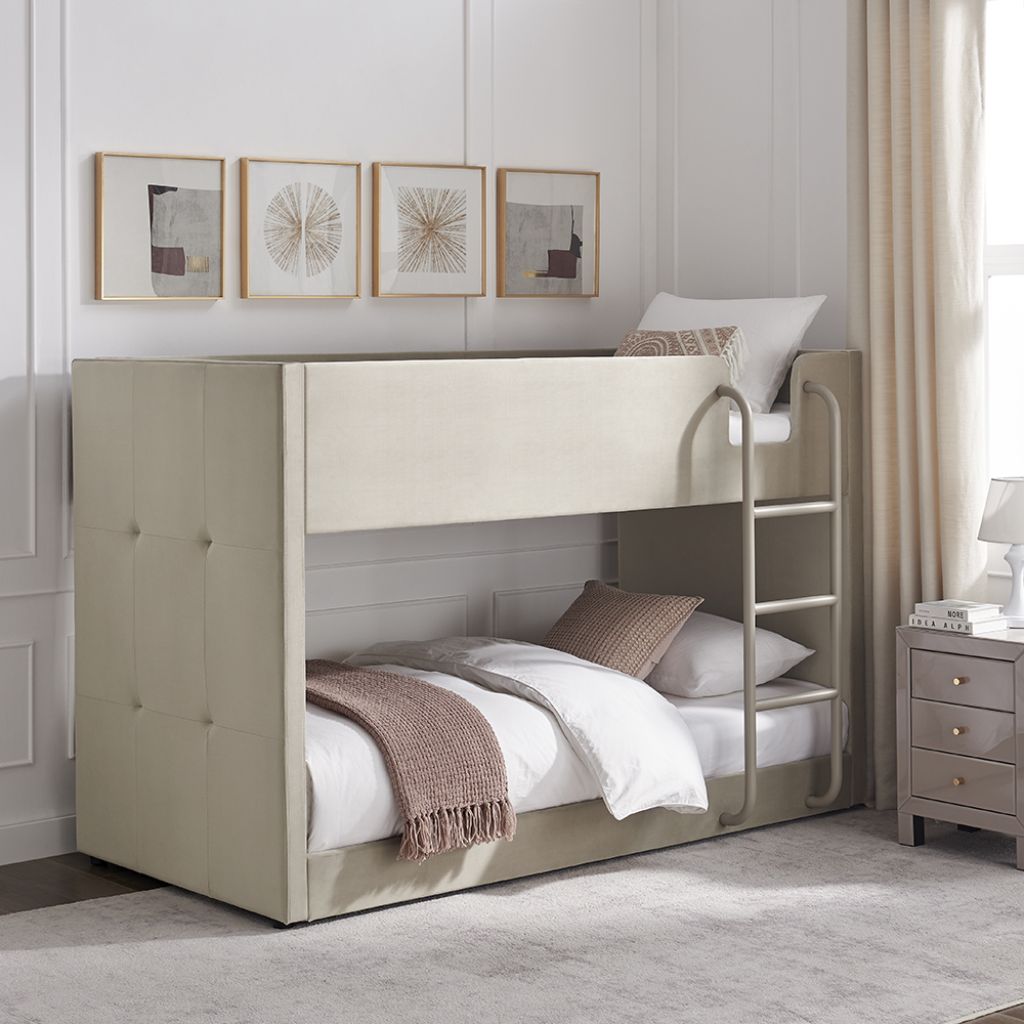Beige bunk bed in a bedroom with white walls and a nightstand.