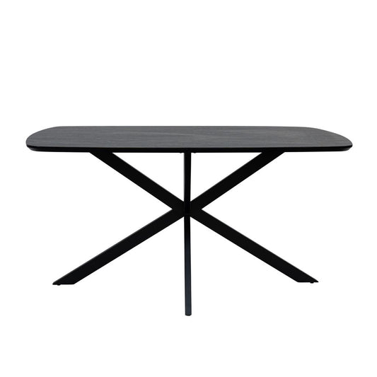 Grey dining table with X-shaped legs on a white background