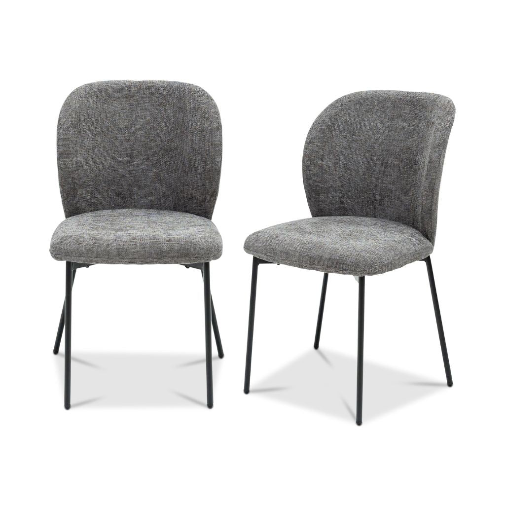 Two grey upholstered chairs with black metal legs on a white background