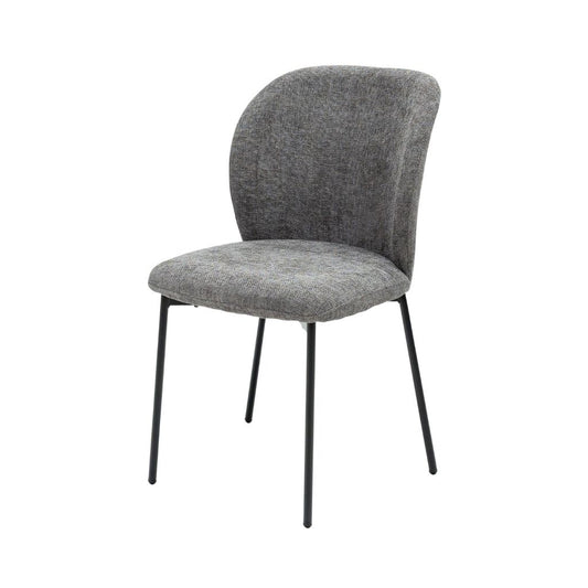 Grey upholstered chair with black metal legs on a white background