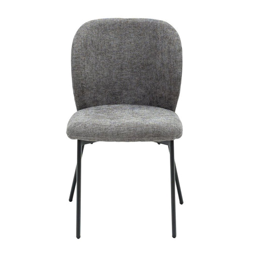 Grey upholstered chair with black legs on a white background