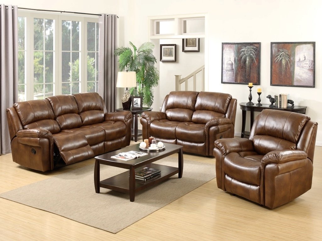 Brown leather reclining sofa set with three-seater