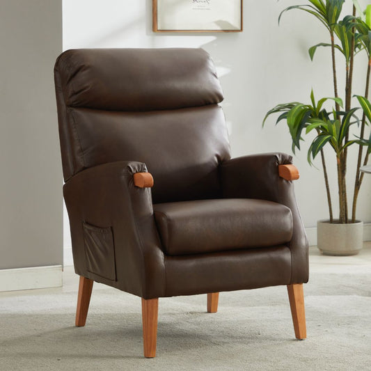 Brown pu armchair in a room with a plant and framed picture on the wall.