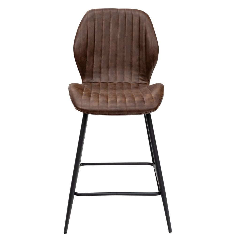 Brown bar stool with black metal legs on a white background