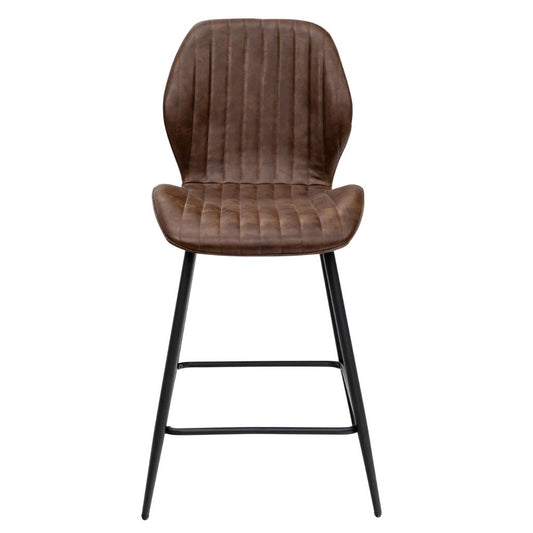 Brown bar stool with black metal legs on a white background