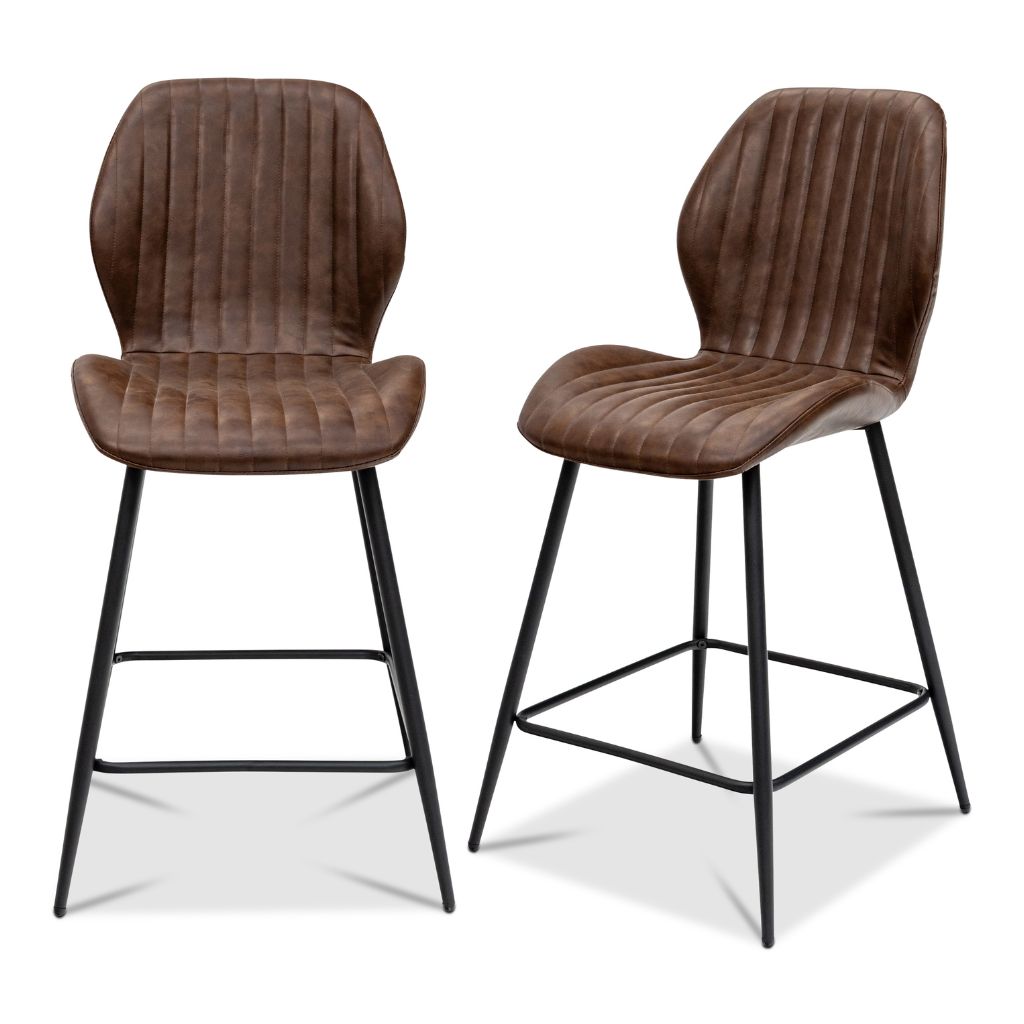 Two brown bar stools with black metal legs on a white background
