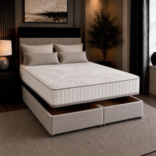 Storage bedframe, headboard and 1000-pocket spring mattress set 