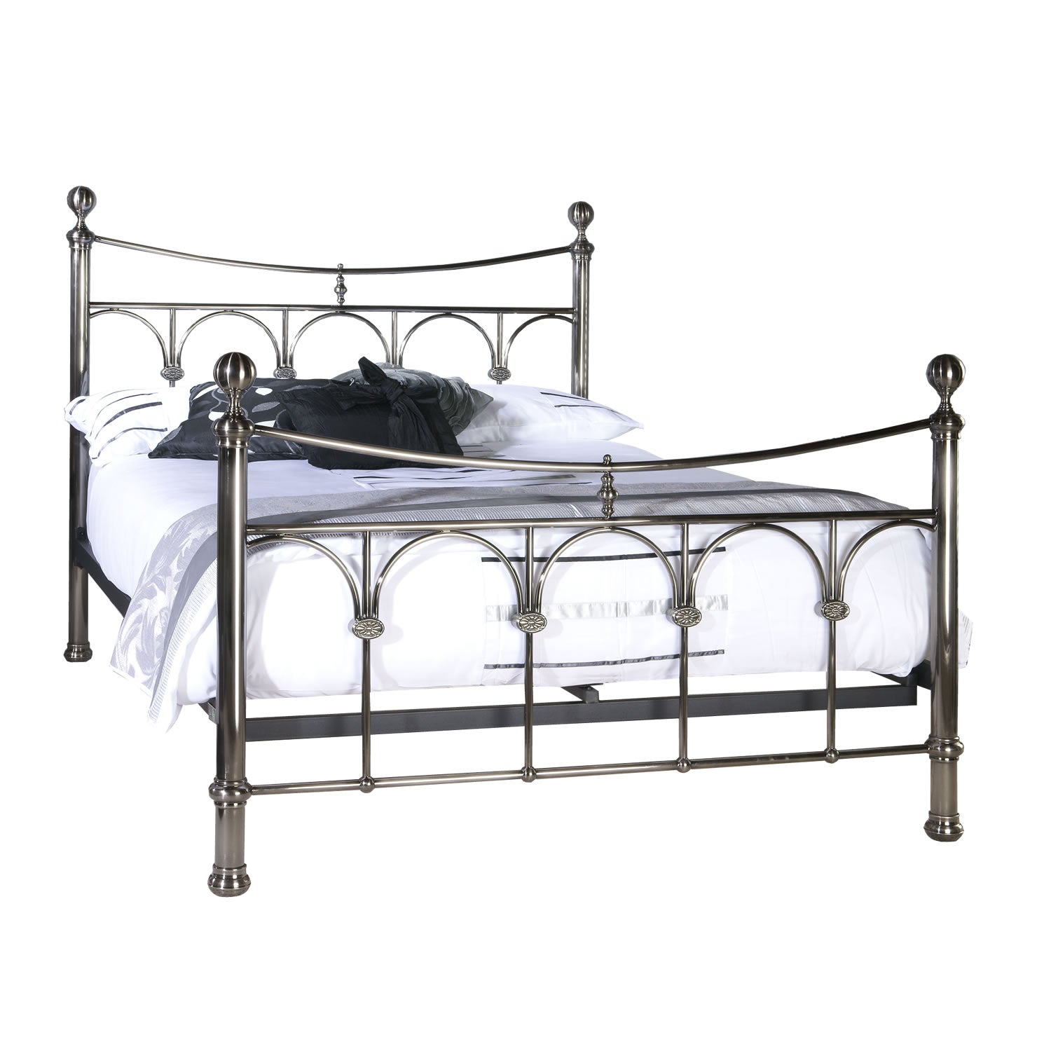 Vintage-style metal bed frame with ornate detailing and a brushed nickel finish.