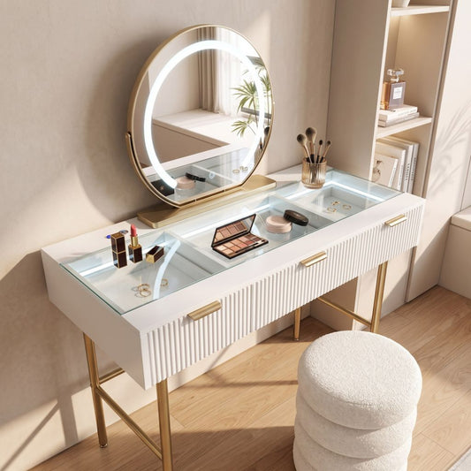 Trendy and modern dressing table set with gold accents.