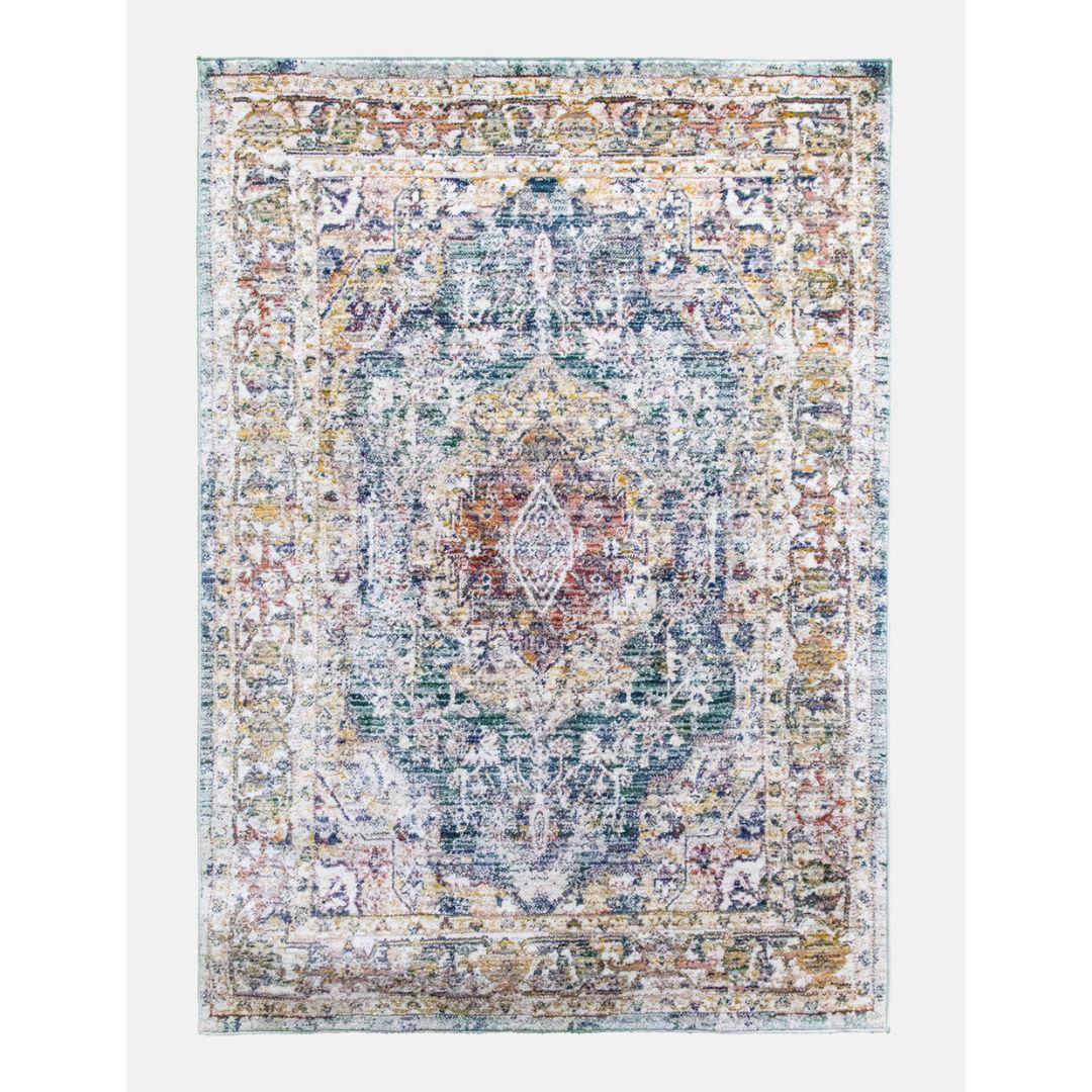 Multicolored area rug with intricate design on a white background