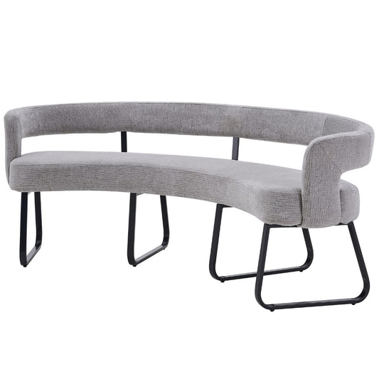 A curved upholstered dining bench with light grey textured fabric and black metal legs
