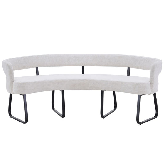 The curved bench adds a soft elegance with an open backrest and curved armrests on either side.