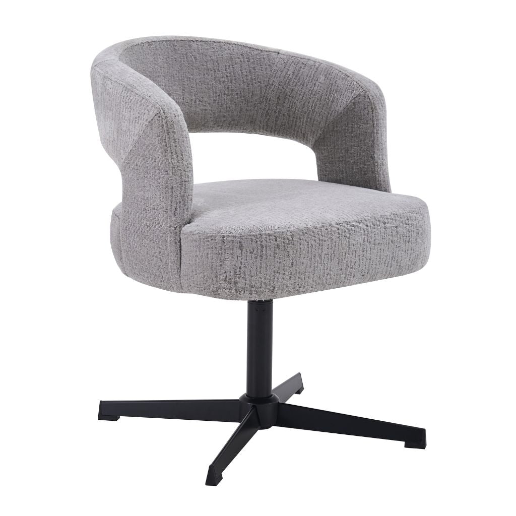 Grey textured fabric chair with open backrest.