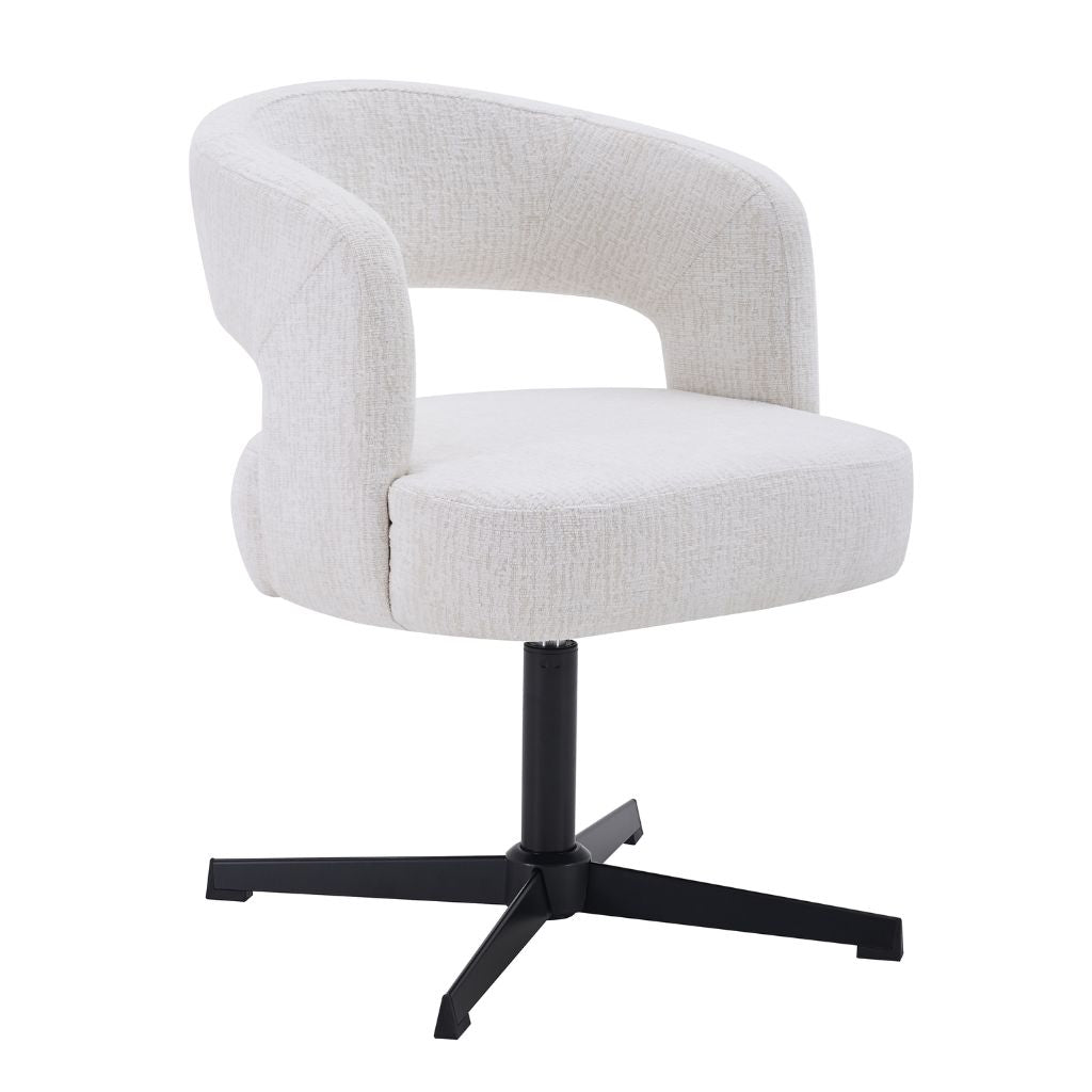 The Halo chair has a beautiful ivory fabric and contrasting black legs to add a modern but warm feel to any room.