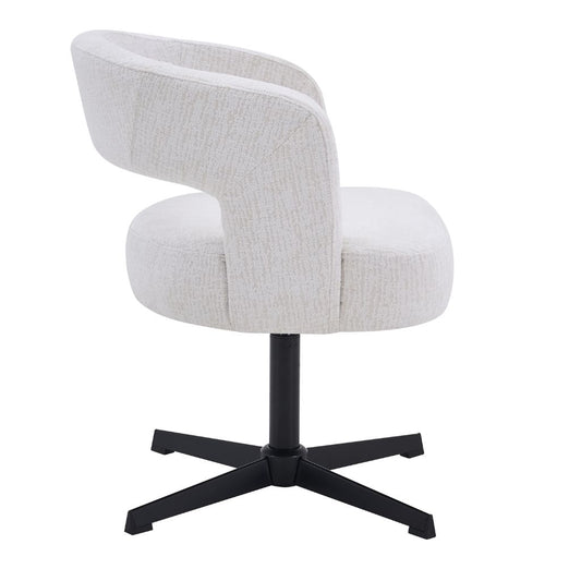 A modern dining chair with a curved, high-back upholstered seat in a textured ivory fabric, supported by a black metal four-star base.