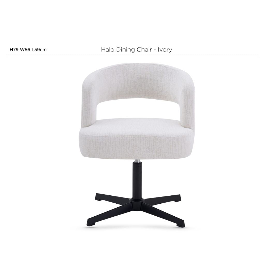 The halo dining chair has a modern and elegant feel with its contrasting legs and fabric and the modern cut-out backrest.
