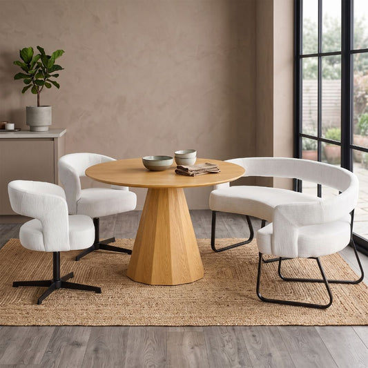 The Halo has a real sense of modern elegance with the soft lines and tones of the chairs against the warmth of the oak table.