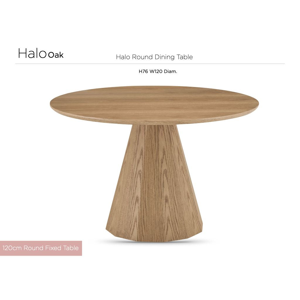 The Halo Oak table has a timeless and warm feel with its natural oak finish and a modern edge with its striking pedestal base