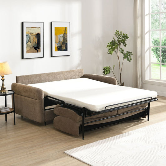 Sofa bed in a room with a lamp, side table, and window.