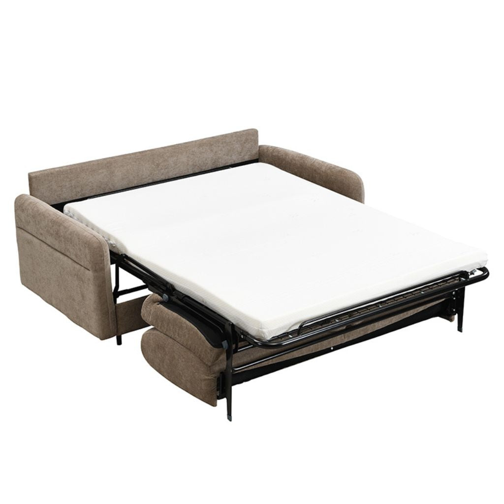 Sofa bed with beige upholstery and white mattress on a white background