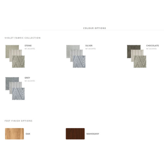 Color and finish options for a fabric collection on a white background