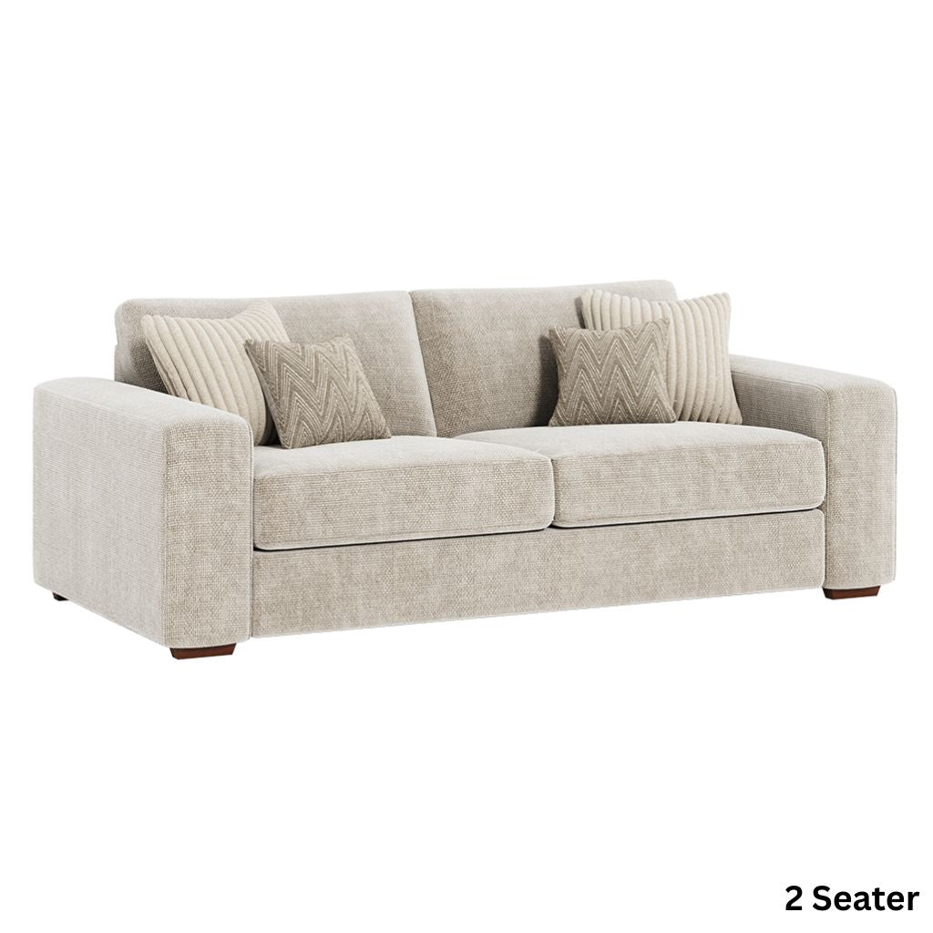 Beige sofa with patterned cushions.