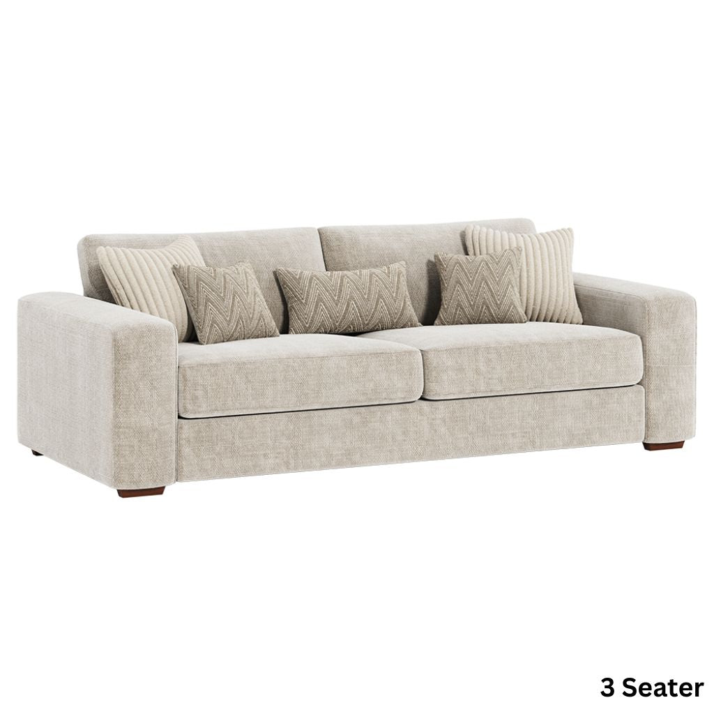 Beige sofa with patterned cushions