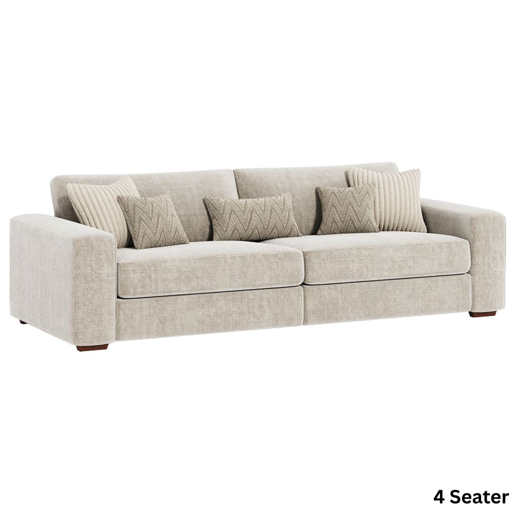 Beige sofa with patterned cushions