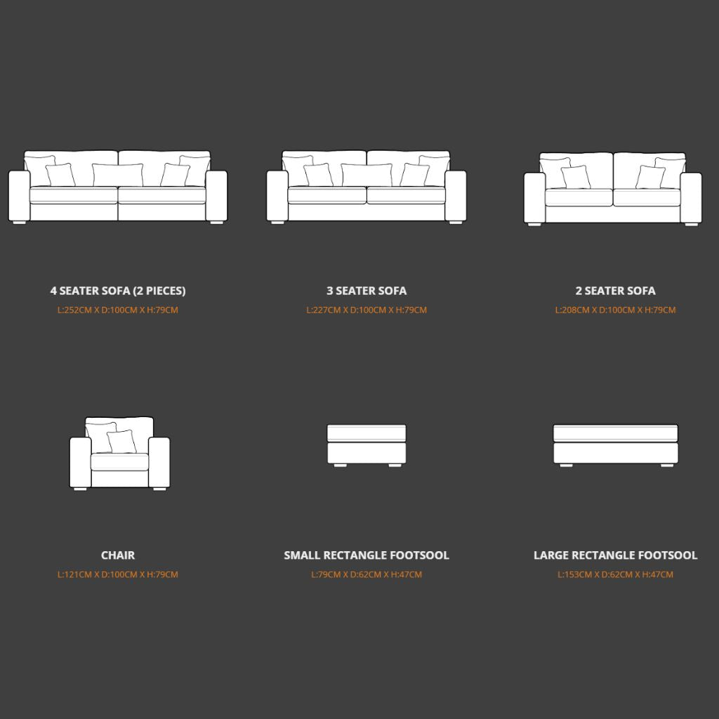 Diagram of different types of sofa components with dimensions