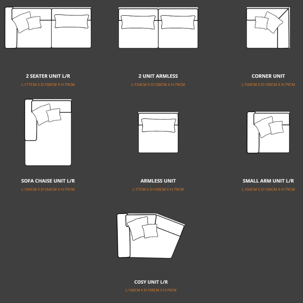 Diagram of various sofa configurations with dimensions